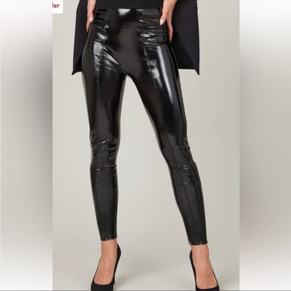 SPANX | Faux Patent Leather Body Shaping Black Leggings Women’s Size Medium & 1X - Picture 13 of 16